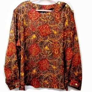 Vintage Notations Floral Fall Colors Blouse Goldtone Buttons Detail Size 24
